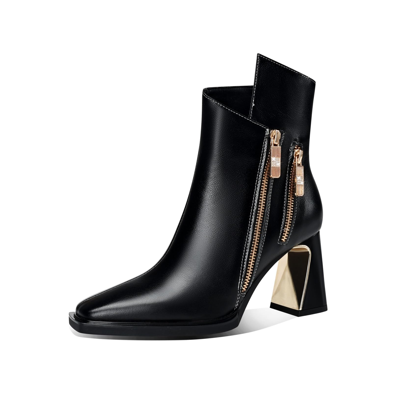 TinaCus Dual Zippers Chic Ankle Boots Womens Square Toe Mid Chunky Heels Genuine Leather Booties