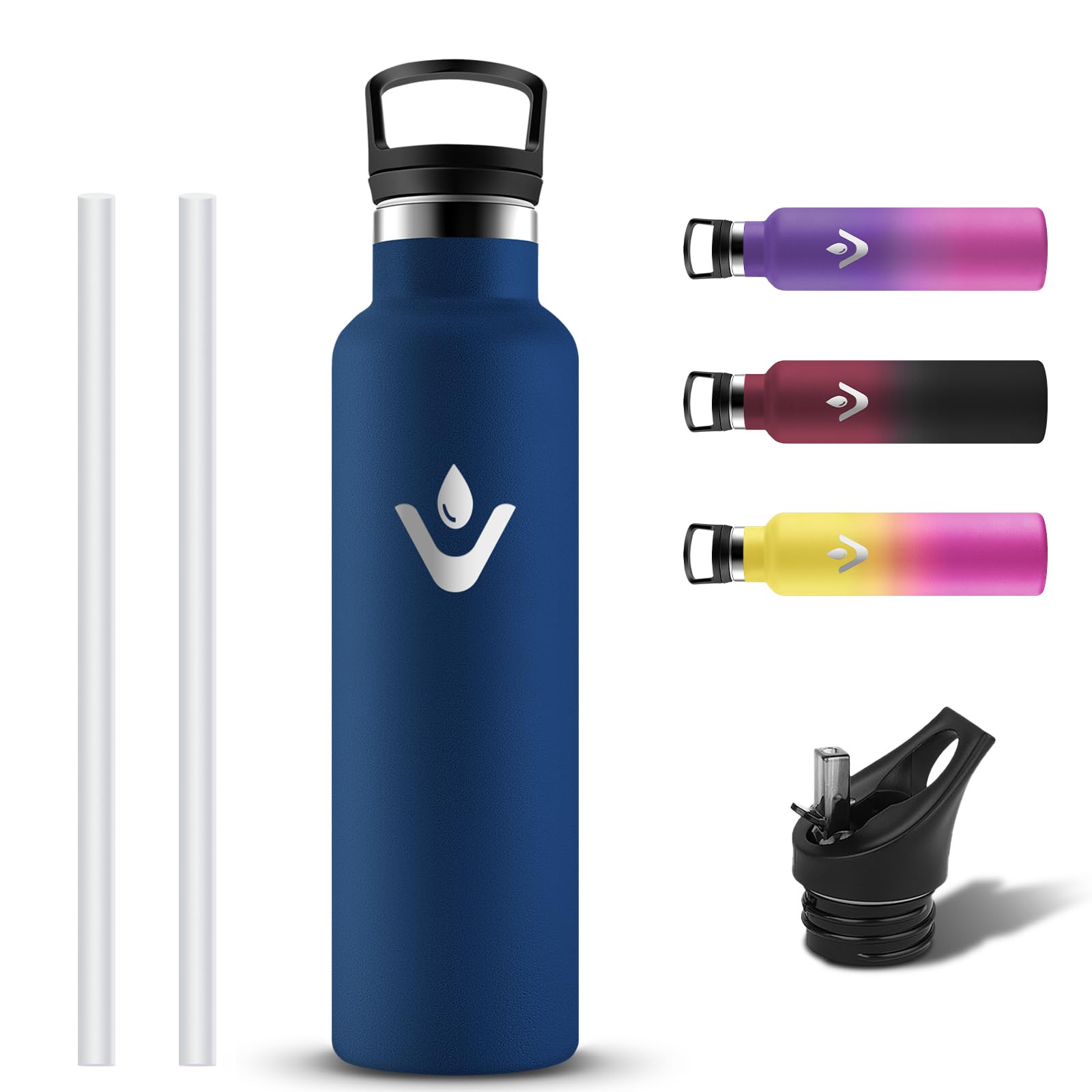 Grsta Edelstahl Trinkflasche, Thermosflasche 750ml Auslaufsicher, Isolierte Wasserflasche mit Strohhalm, Trinkflasche Kohlensäure Geeignet, Isolierflasche mit 2 Deckel für Schule, Fitness, Travel