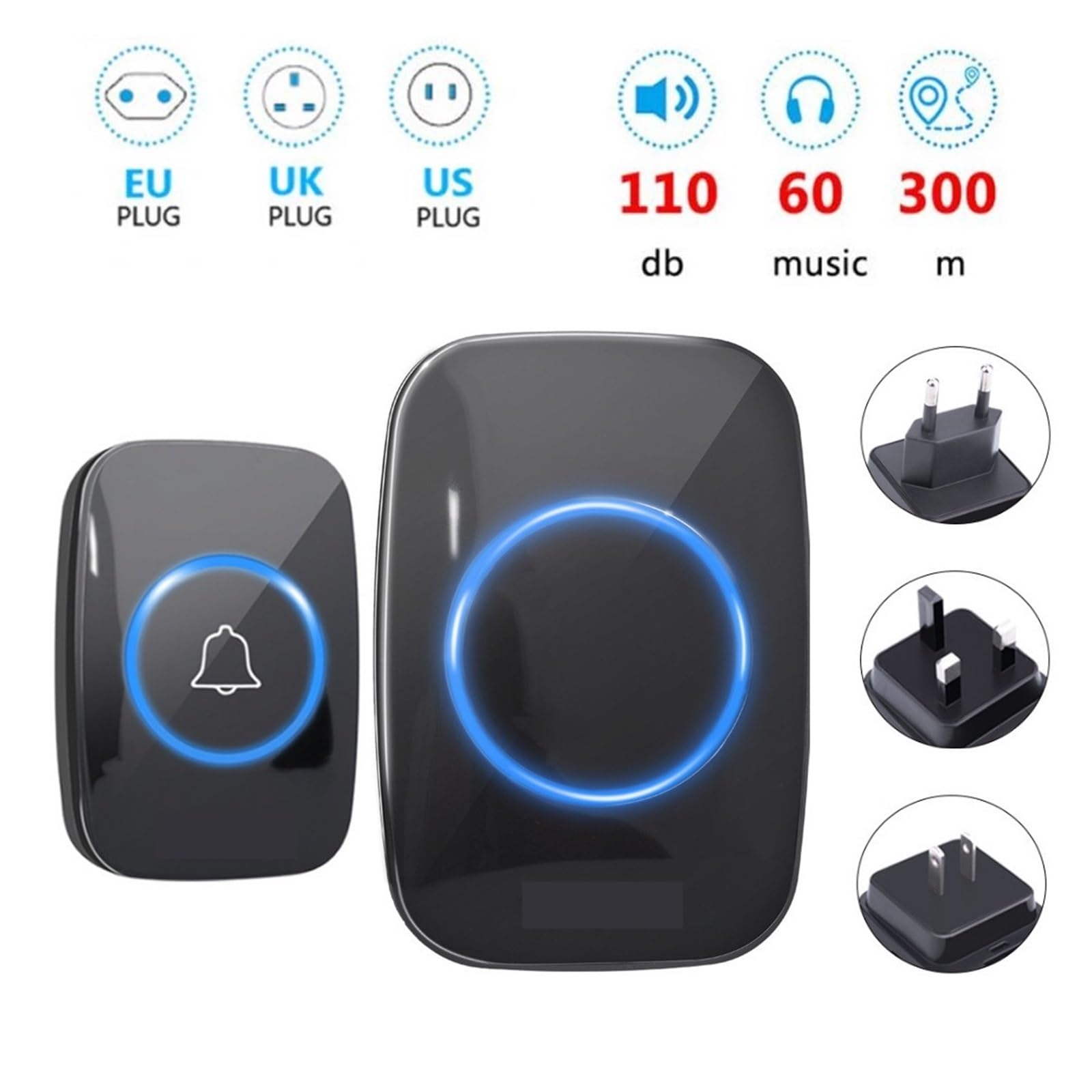 Bezprzewodowy dzwonek do drzwi IP44 wodoodporny 60 dzwonek 110DB 300M zdalny ue wielka brytania usa inteligentny dzwonek do drzwi inteligentny dzwonek do domu witamy (Color : 2 button 3 receiver, Si