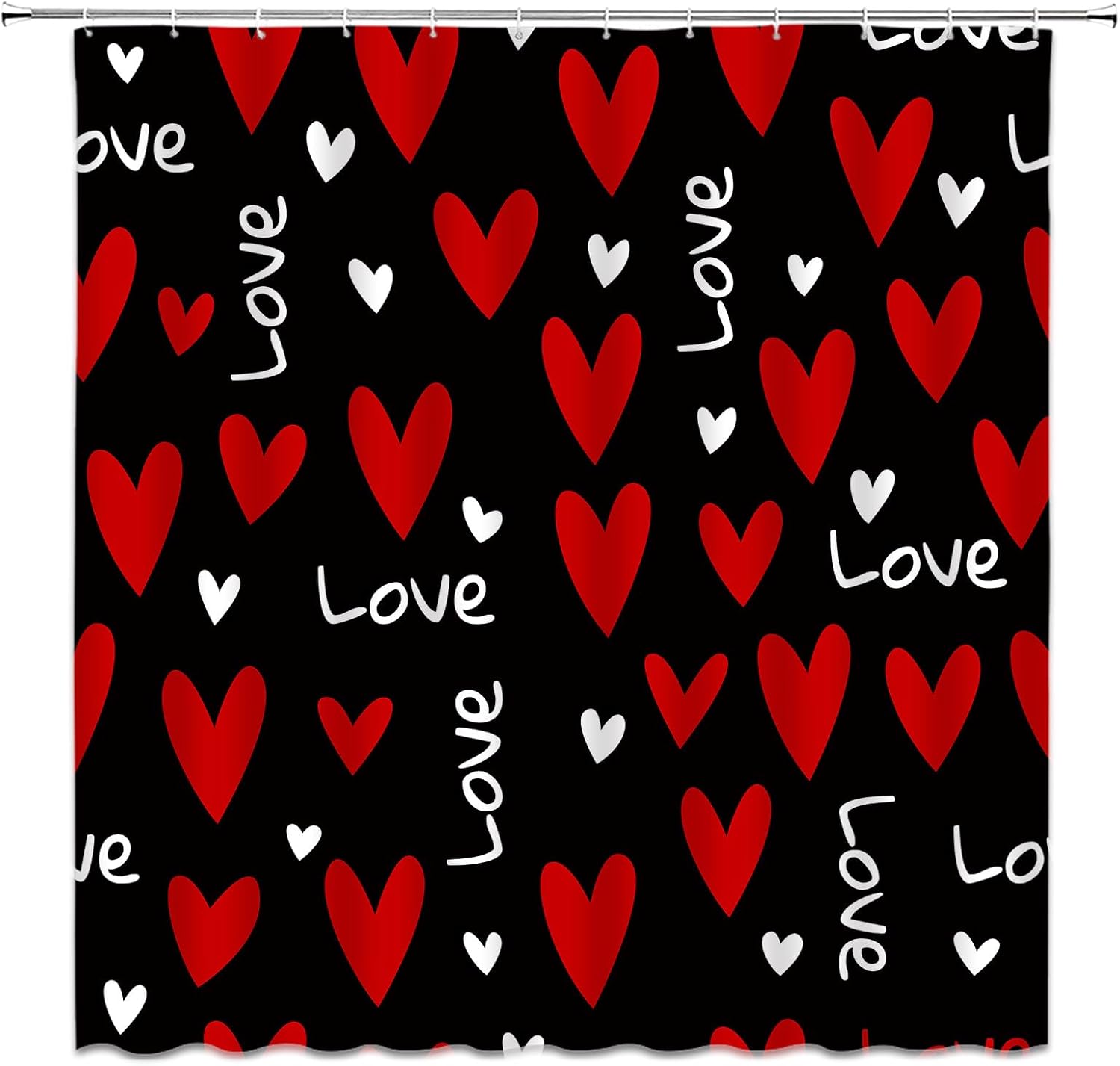 Red Heart Shower Curtain Valentine's Day Love Romantic Valentines Sweet Couple Bathroom Curtain Fabric with Hooks(90" Wx70 H)