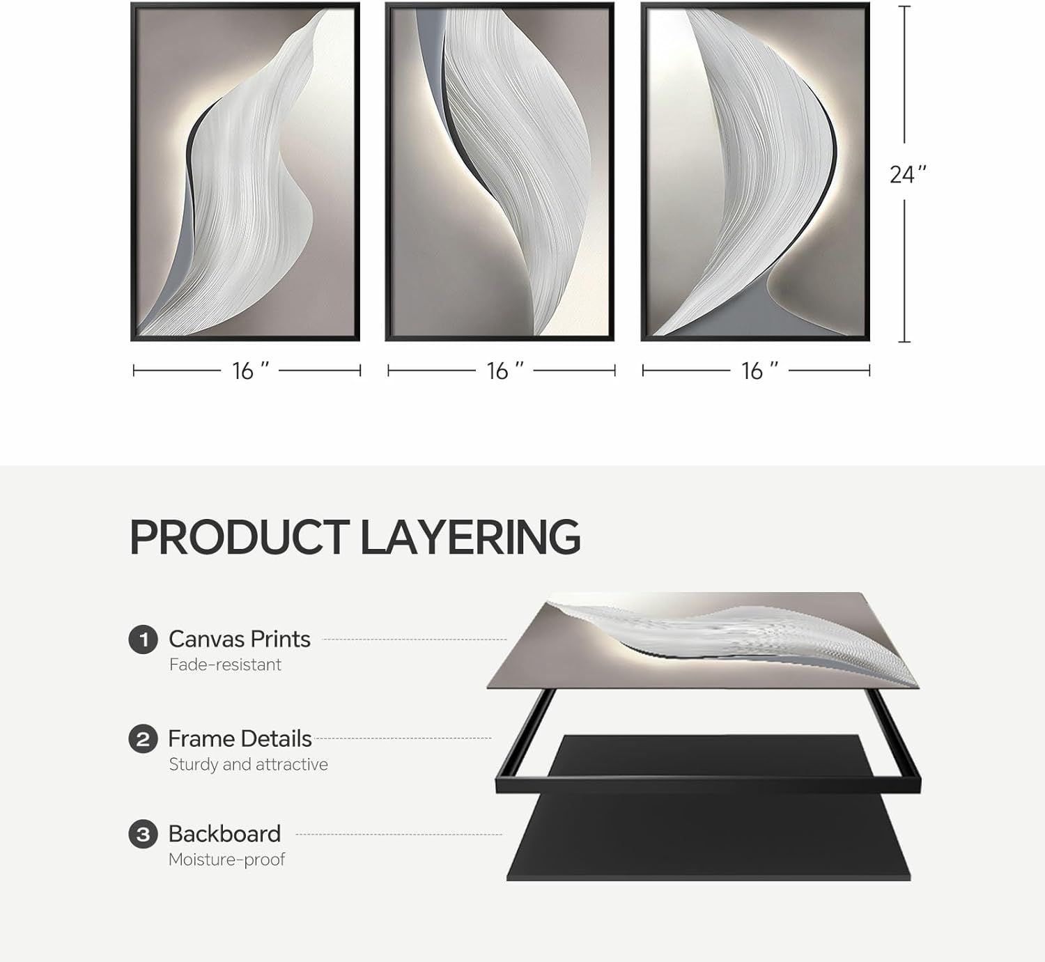 Framed Modern Gray Abstract Wall Art for Living Room, Large 3 Piece Black and White Canvas Painting Prints, Beige Picture Artworks for Dining Room Bedroom Hallway Home Office Wall Decor, 24x36 Inch