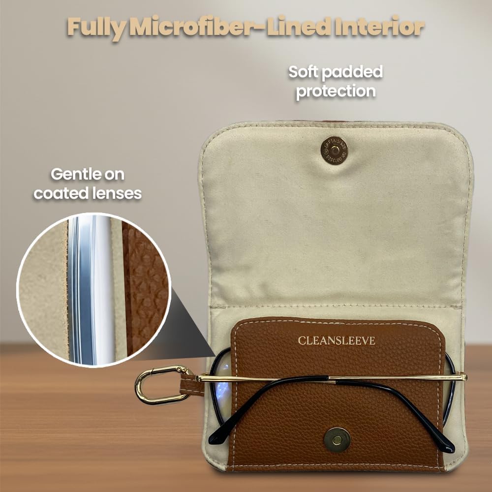 Chrome Cherry CleanSleeve Soft Eyewear Case with Integrated Microfiber Cloth – Slim, Scratch Protection Pouch for Glasses & Sunglasses, Lightweight PU Leather Sleeve with Clip (Not a Hard Case) - Image 4