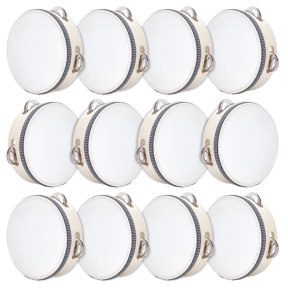 AHANDMAKER Lot de 12 tambourins de mariage en vrac en bois avec grelots en métal de 15,2 cm pour cérémonies d'église, jeux de fête, activités musicales
