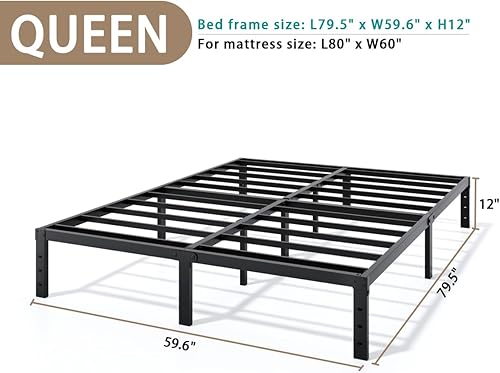 Miniatura 3 de Base de cama de metal tamaño Queen – Base de cama de plataforma Queen resistente de 12 pulgadas, no necesita somier, fácil montaje, sin ruido, base