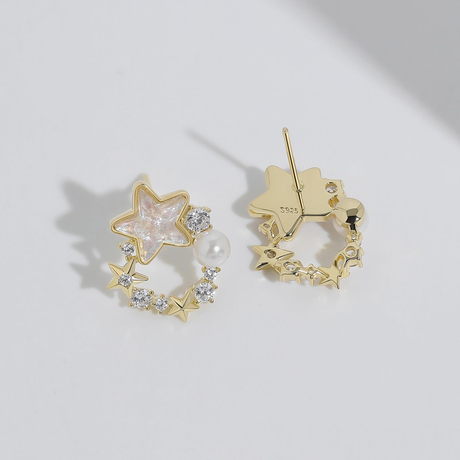 Meissa Orecchini a stella di perle fatti a mano per ragazze Tee Orecchini a perno plissettati d'oro Stella d'argento con zirconi Ipoallergenici, Argento