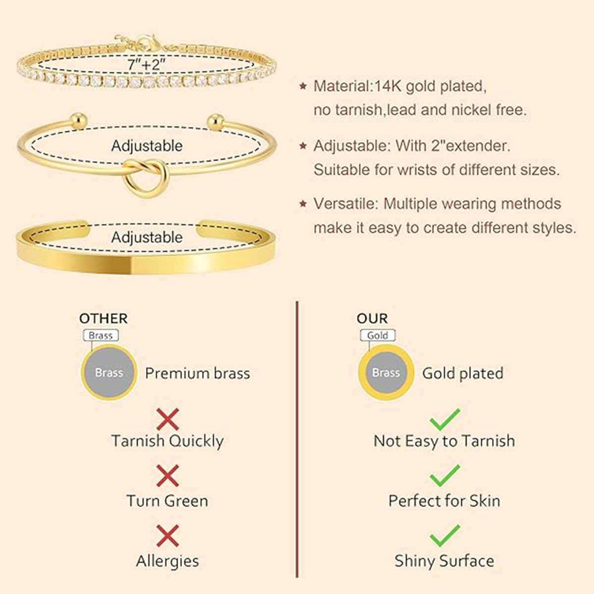 Stackable Bracelets for Women – Gold Bangles, Knot Cuff and Tennis Bracelet Set, 14K Real Gold Plated Brass, Non Tarnish Dainty Jewelry - Image 6