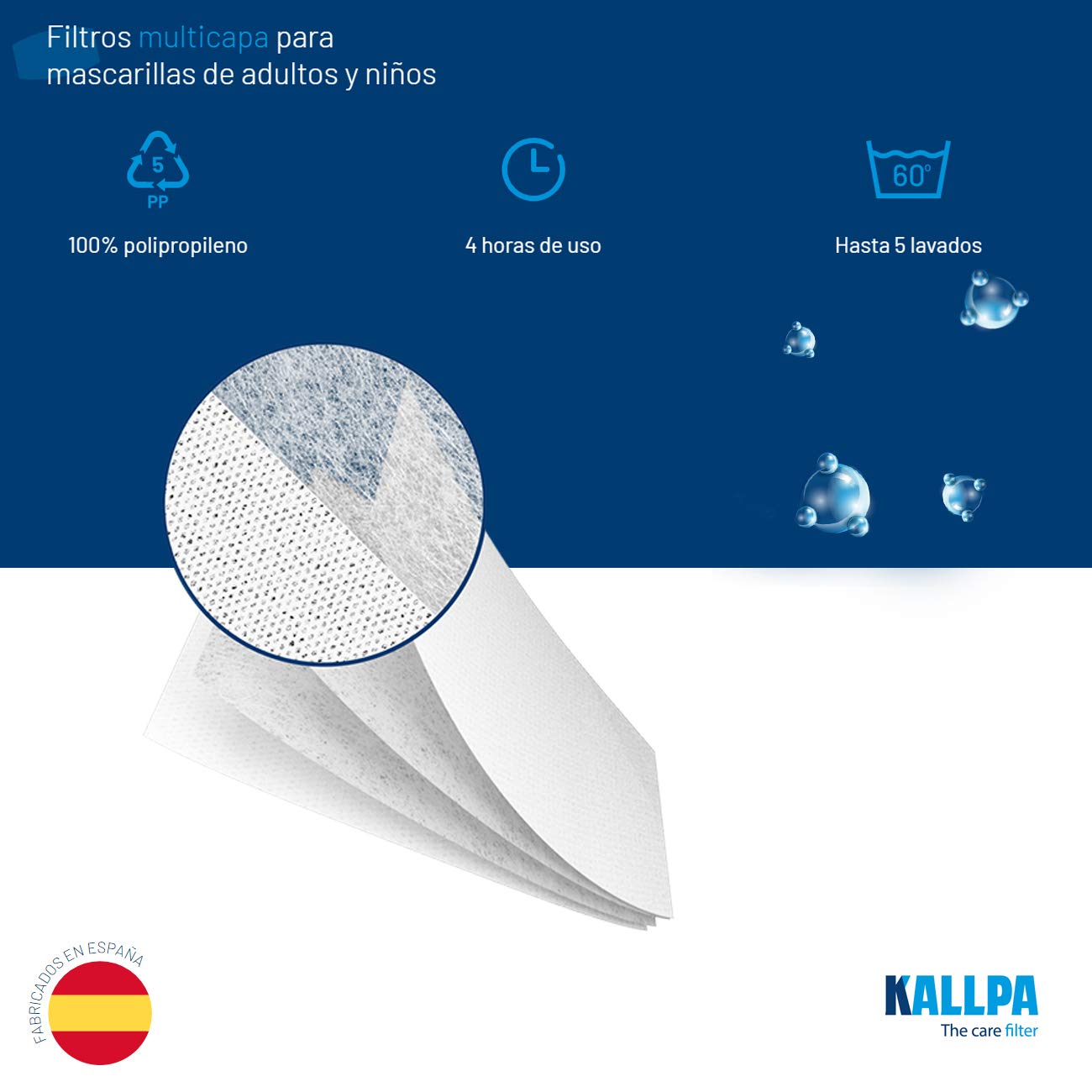 [ENVÍOS EN 24H] KALLPA® Pack de 100 filtros para mascarillas UNE0065 - REUTILIZABLES - fabricados en España - hidrófobo, antiestático y antibacteriano, muy transpirable (TNT) (Packs Adulto)