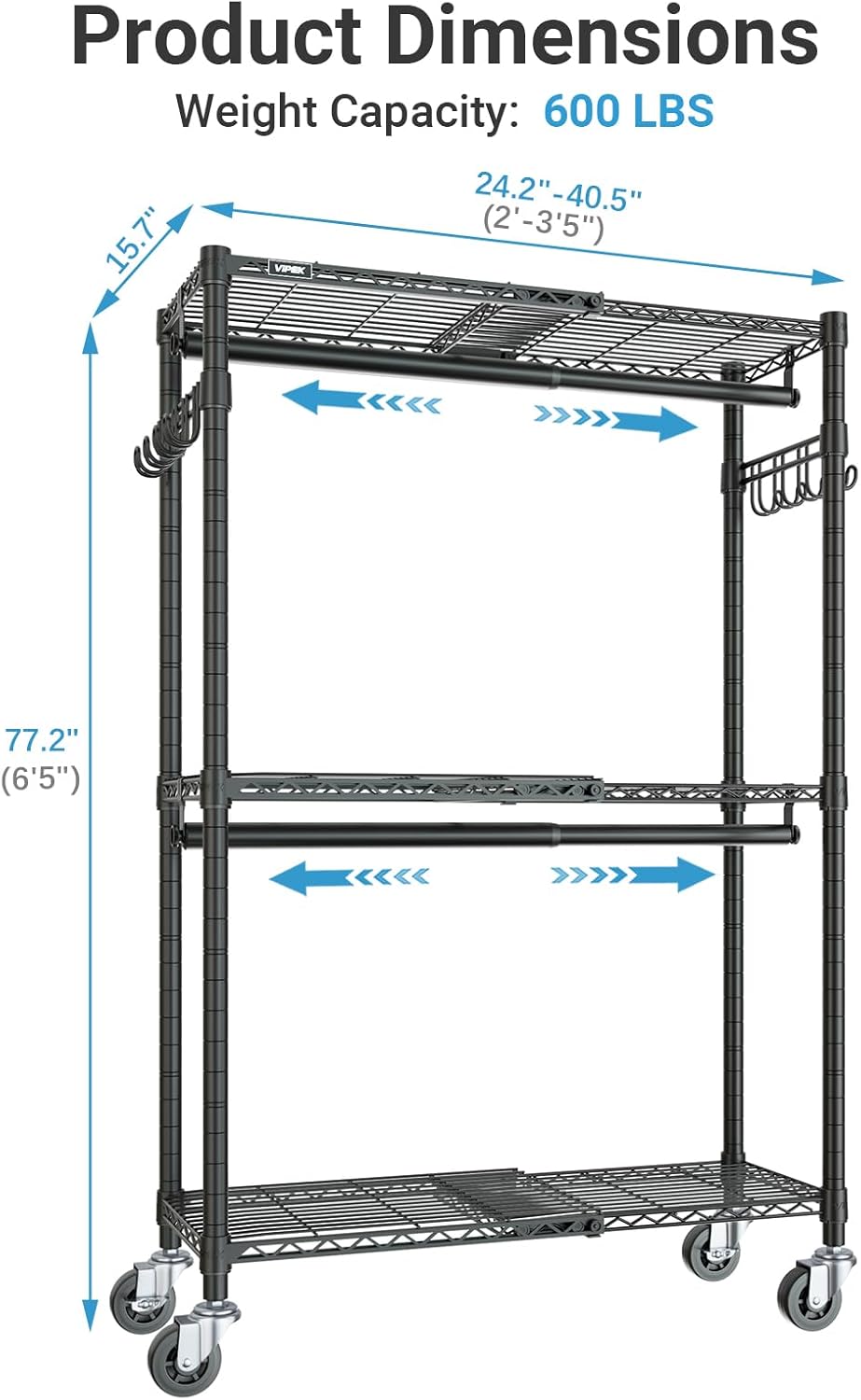 VIPEK R2X Expandable Portable Closet with Lockable Wheels, 600lbs Capacity Heavy Duty Rolling Clothes Rack w/Adjustable Shelves & Hanger Rod (2' to 3'5"), Metal Clothing Rack for Small Spaces (Black)