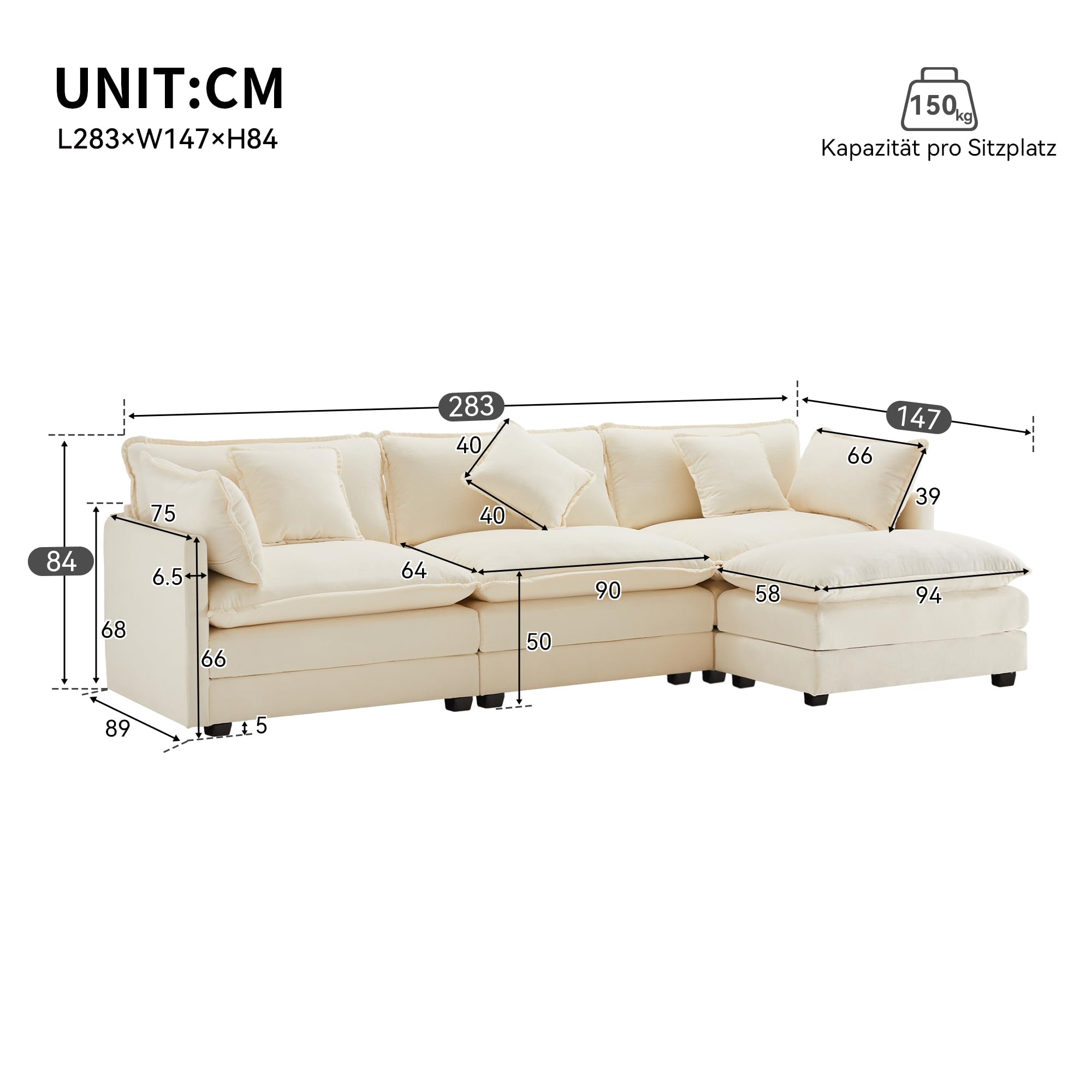 Zepneiy Divano a tre posti dal design moderno, tessuto ciniglia, divano ad angolo a L con poggiapiedi adatto per soggiorno e camera da letto, beige