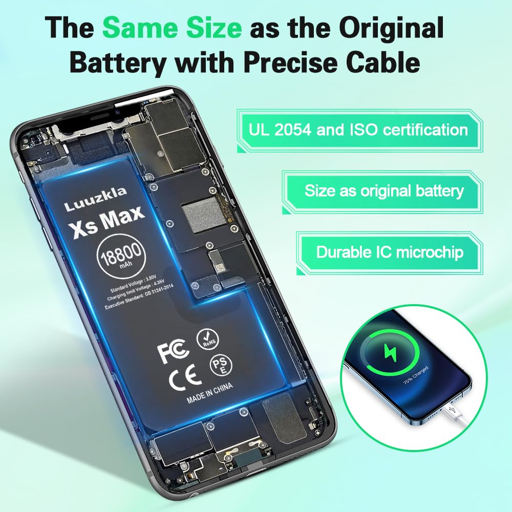 18800mAh (2025 New Upgrade) Battery Compatible with iPhone XS MAX, Super Capacity Battery Replacement Compatible with iPhone XS MAX, with Full Tool Kits-0 Cycle High Capacity-24 Months Service