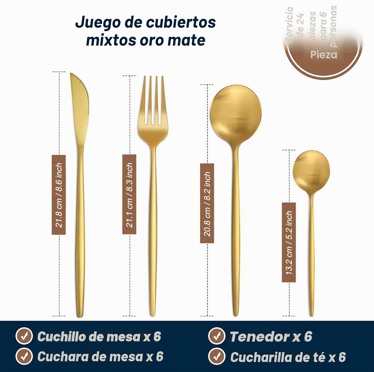 Bestdin Juego de cubertería para 6 personas, 24 piezas, acero inoxidable, color dorado mate, con cuchillo, tenedor, cuchara, acero inoxidable, apto para lavavajillas.