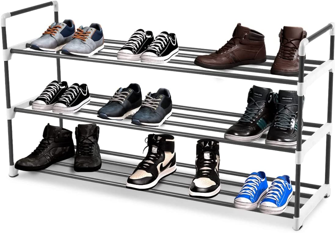 Petit meuble étagère à chaussures noir 90cm avec 3 tiers de stockage pour optimiser l'espace