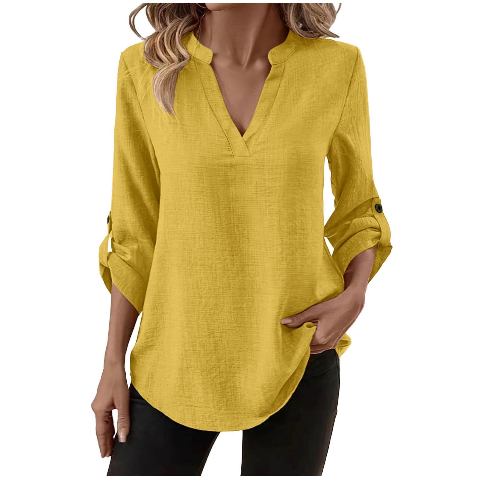Womens 3/4 Sleeve Tops Cotton Linen Shirts V Neck Casual Loose Fit Blouses Boho Fashion Solid Color Summer Clothes