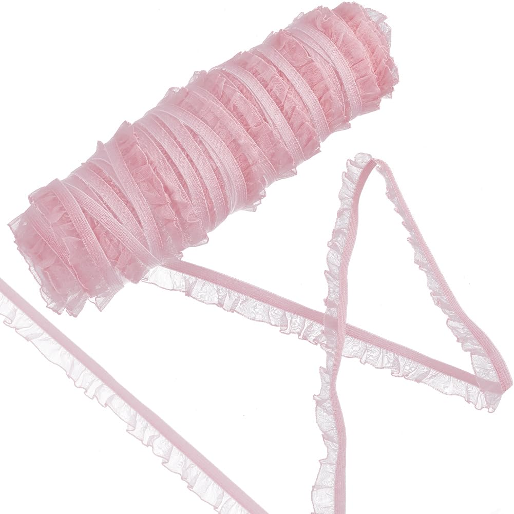 GORGECRAFT 50 Yards Chiffon Elastic Lace Trim 1.5cm Nylon Ruffle Pleated Stretch Band Frilly Lace Spandex Ribbon Roll Spool for Hair Tie Headband Lingerie Underwear Sewing Crafts Home Decoration Pink