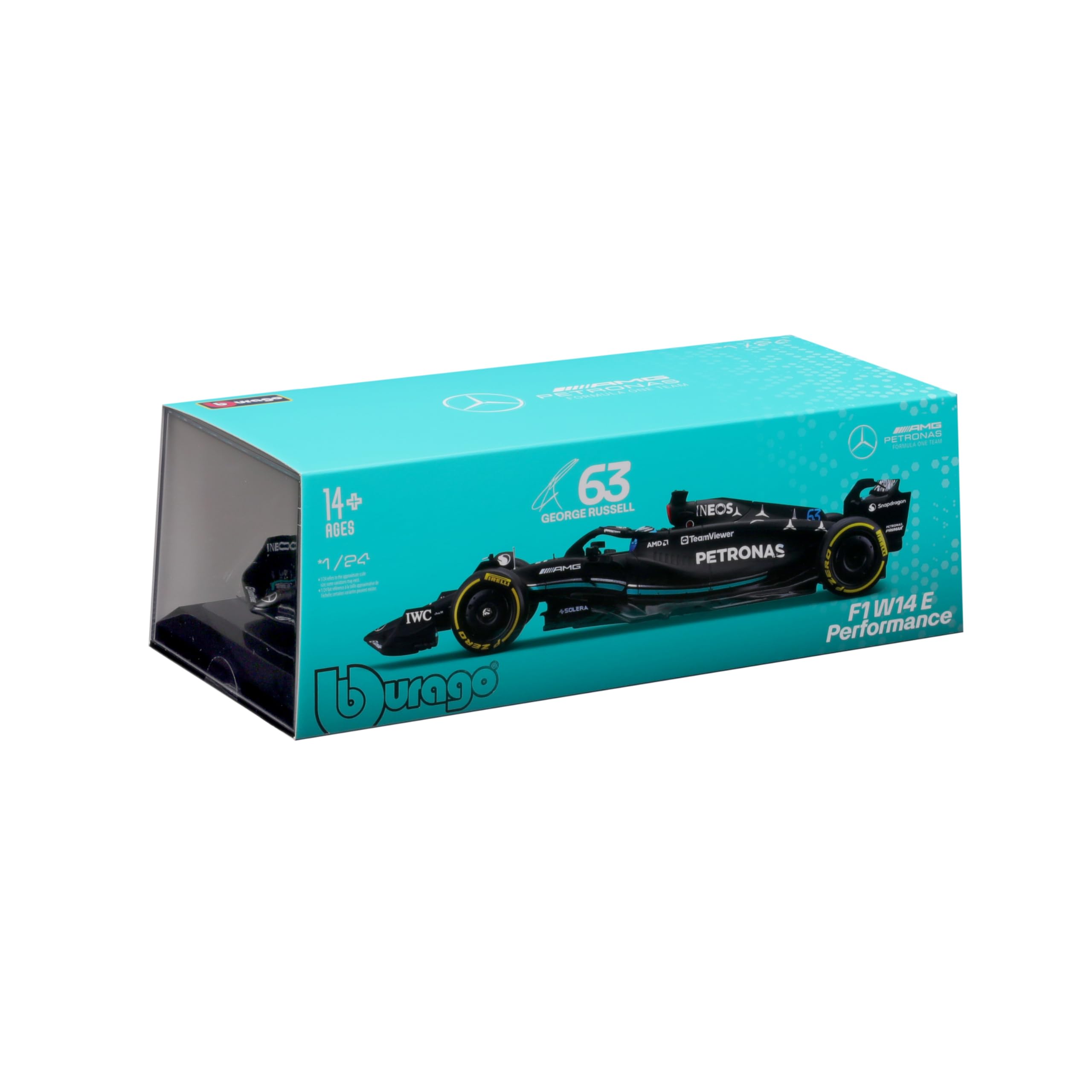 Bburago - 1/24 Racing - 2023 Mercedes-AMG F1 W14 E-Performance - con Casco #Russell - Novedad 2024: Una réplica precisa para Los Fans de Las Carreras, capturando el espíritu de la competición