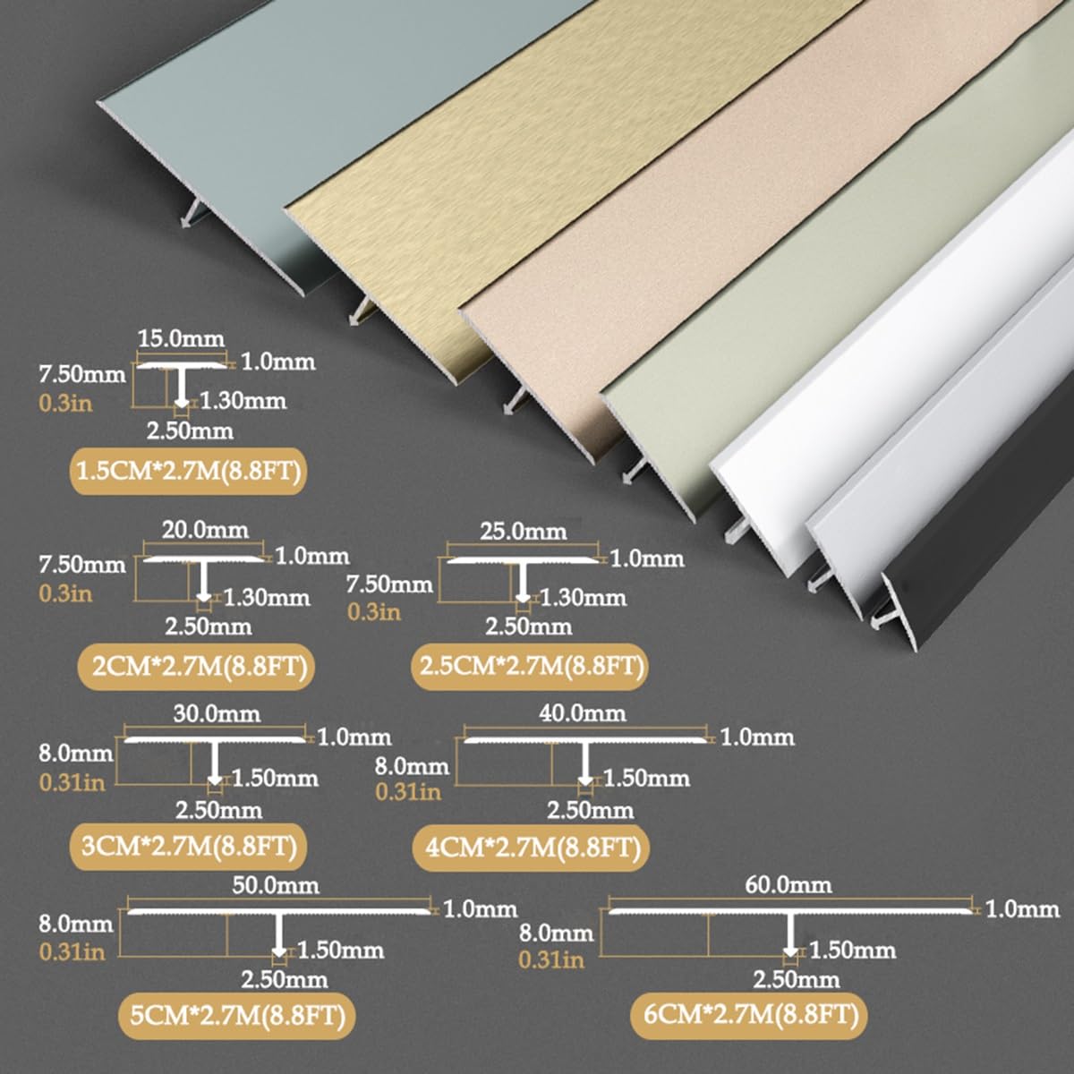 Strisce Divisorie Per Porte A Forma Di T In Alluminio Da 3 Pezzi Da 90 Cm, Barra Di Giunzione Piatta In Metallo Per Piastrelle, Fessure Tra Soglie Di Porte(Rose gold,5cm)