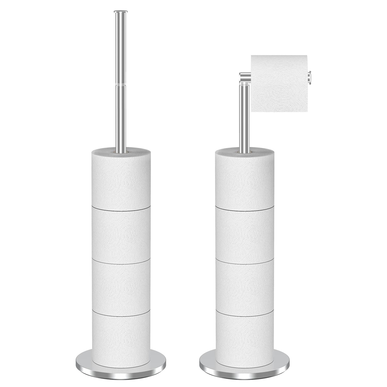 Vinsani Silver Freestanding Toilet Roll Holder Bathroom Stand Paper Roll Holder Heavy Base Stainless Steel Free Standing Storage Dispenser Holds 5 Rolls Anti-Rust Pedestal For Toilet Bathroom (Silver)