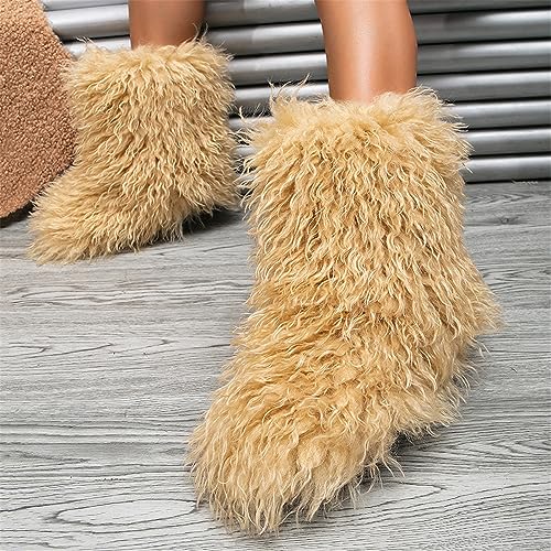 YESBOR Women's Curly Faux Fur Snow Boots Fluffy Fuzzy Furry Winter Outdoor Flat Booties2