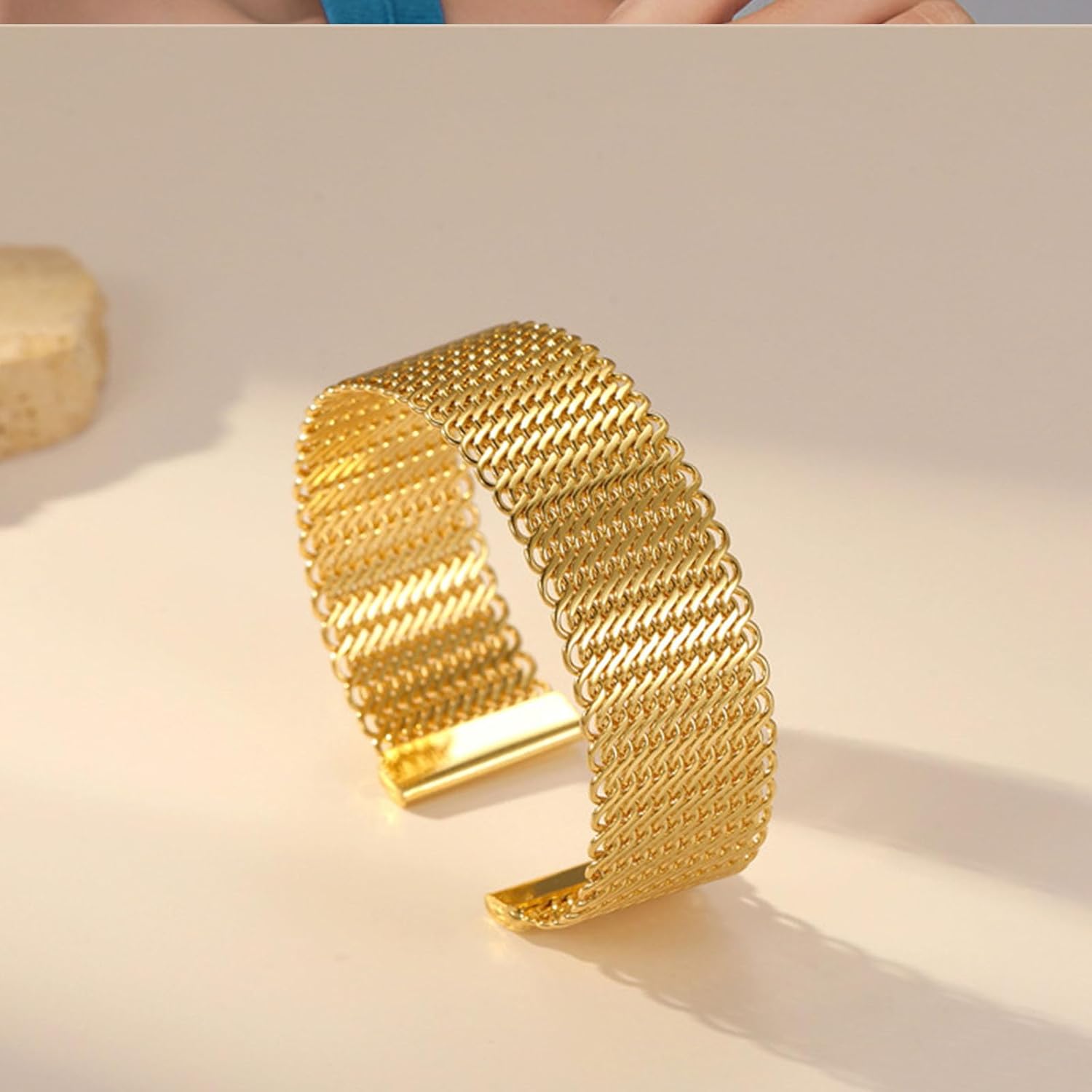 Gold Open Cuff Bracelet for Women - Adjustable Woven Stainless Steel Bangle, Stackable Vintage Jewelry with Braided Design - Image 5