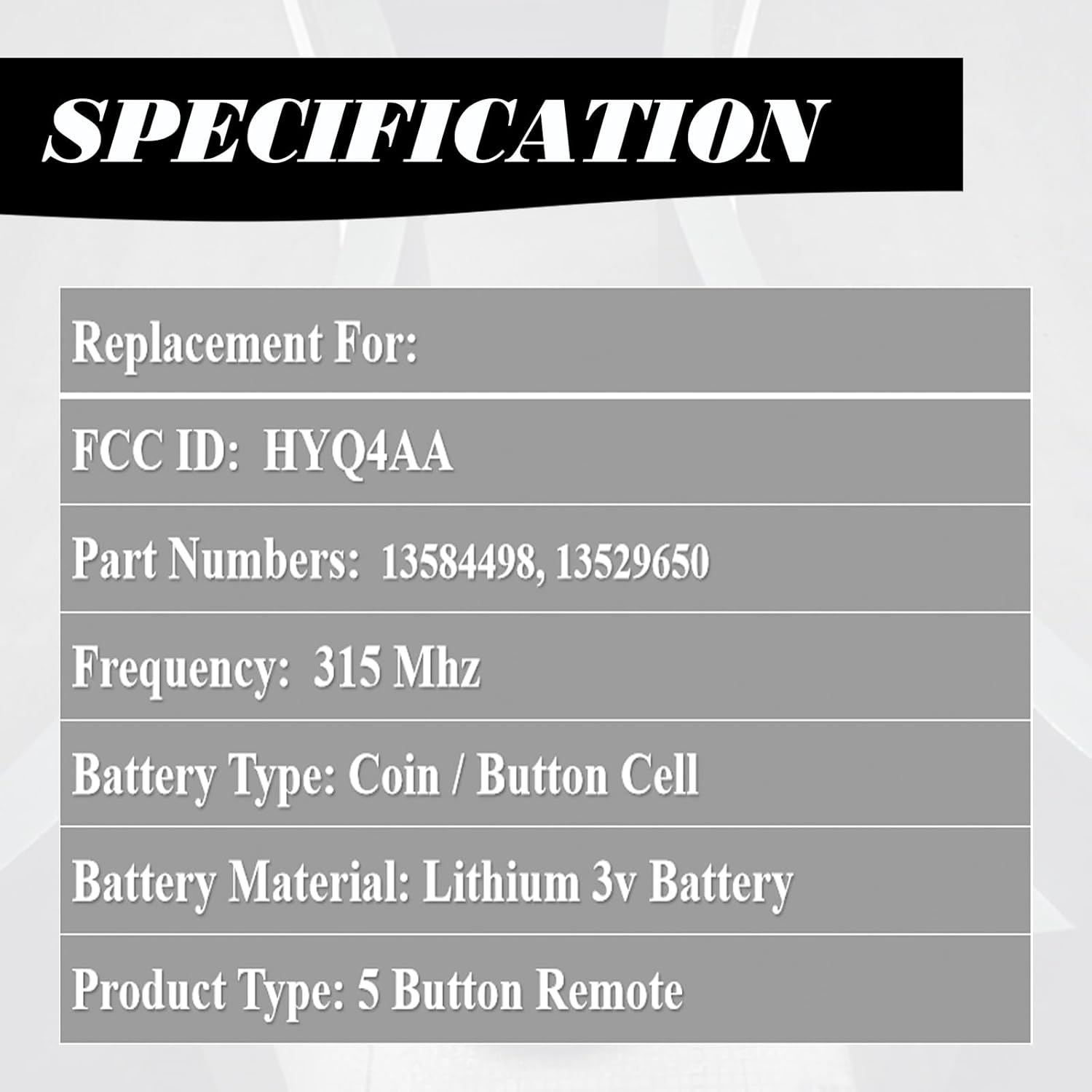 MechanMagic Key Fob Replacement Compatible with Chevrolet Equinox 2018-2021, Plastic Material, SUV, 5 Button, 315MHz, Part Numbers 13584498 13529650, FCC ID HYQ4AA