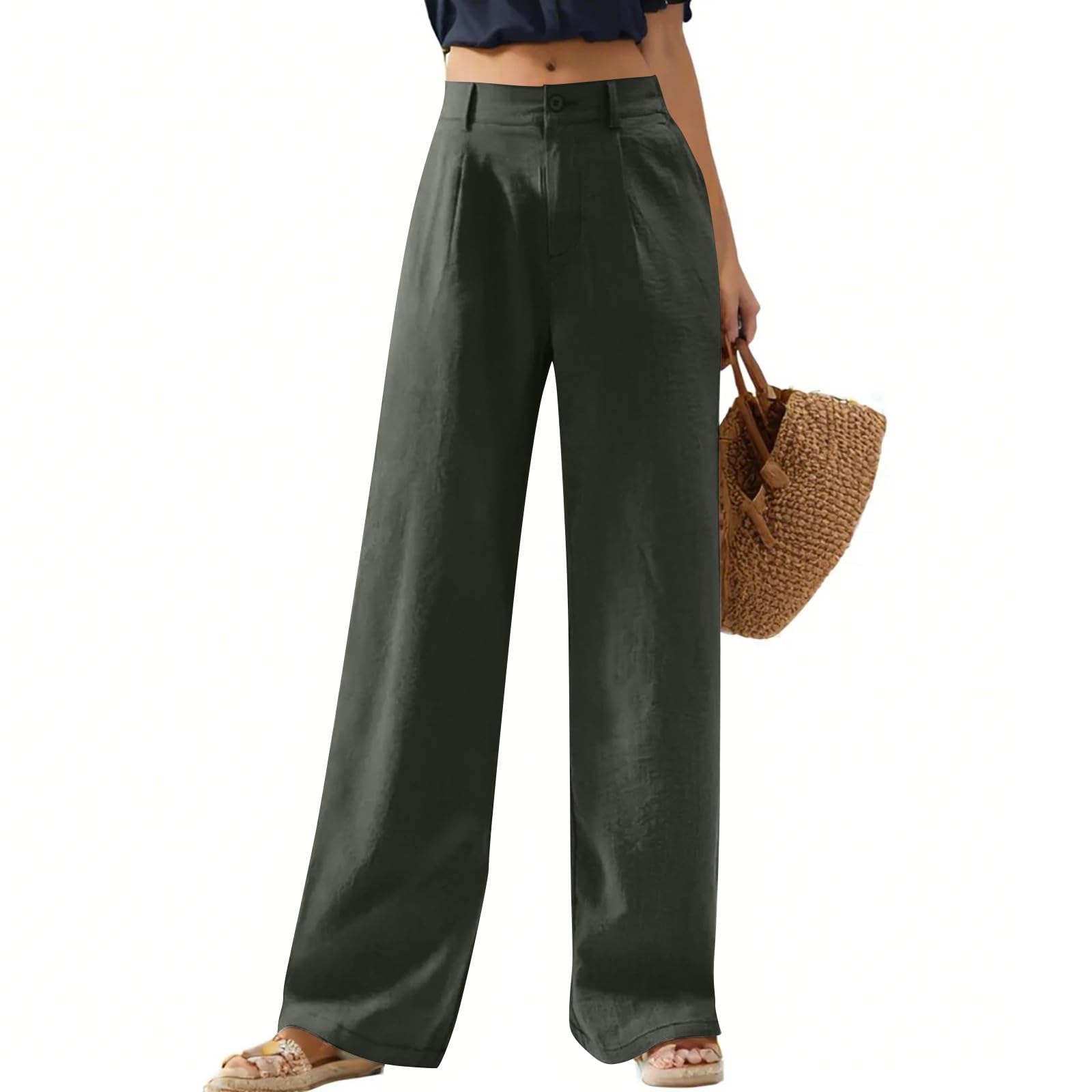 Wide Leg Linen Pants for Women Dressy Button Down High Waisted Palazzo Pants Summer Work Trousers Slacks with