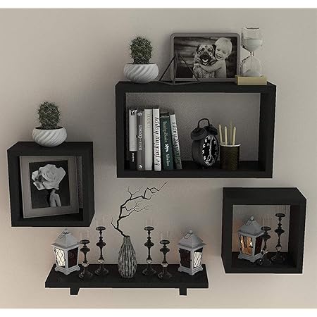 Fabulo Wooden Floating Wall Shelf With 4 Shelves Mdf Wall Mounted Shelf For Living Room Bedroom Office Decor Display Rack For Books Kitchen Wall Storage Unit Black Set Of 4 Amazon In Furniture