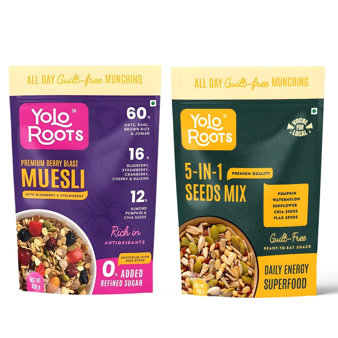 Yolo Roots Berry Blast Muesli 400g & 5 in 1 Seed Mix 200g Combo | Multigrain Breakfast Cereal with Blueberry, Strawberry, Cranberry | Superfood Seeds for Protein & Fiber (Pack of 2)