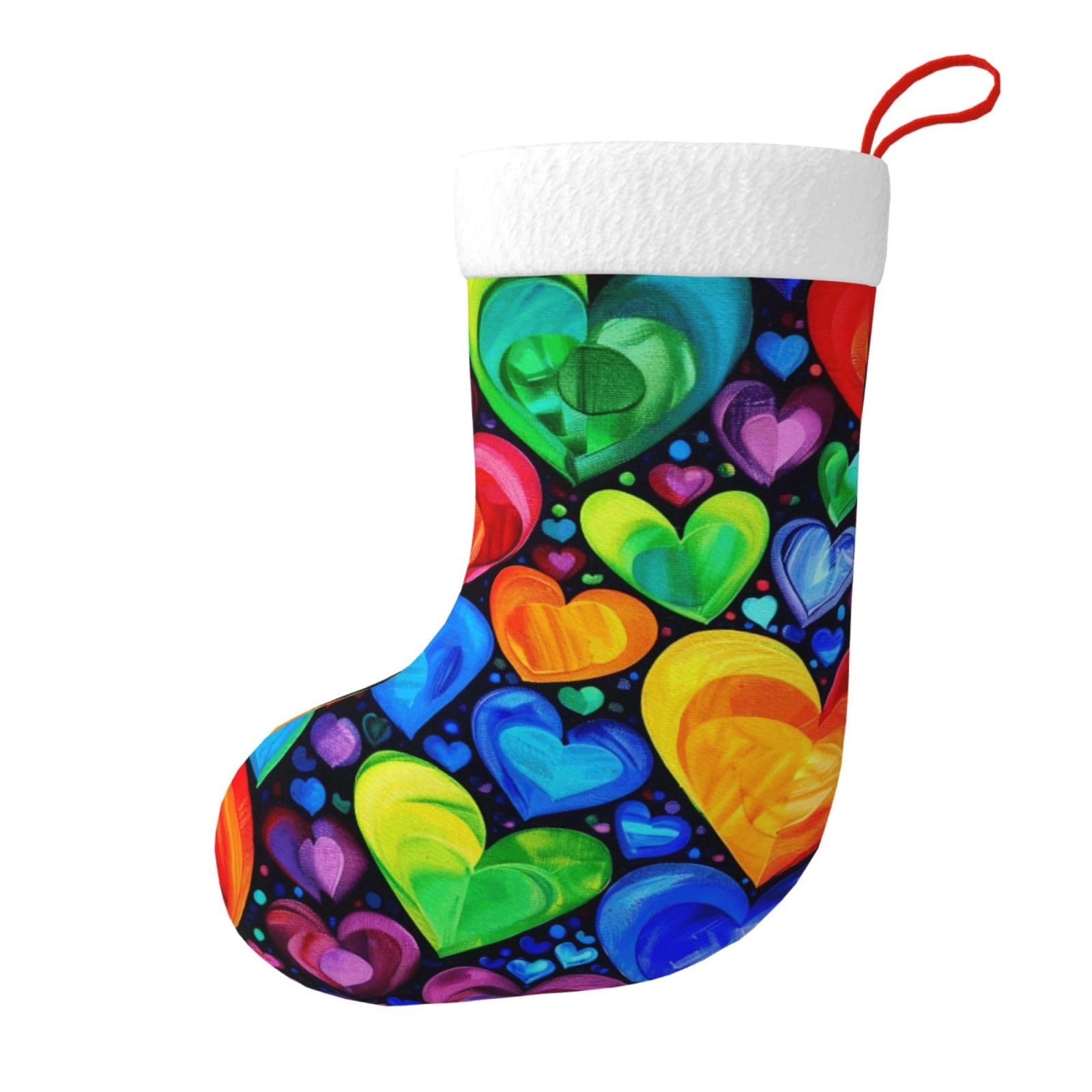 Rainbow Hearts Print Christmas Stocking, 28x45cm Holiday Hanging Stockings for Fireplace, Tree Decorations, Gift Giving, and Party Festive Decor