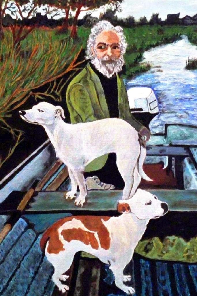 Man in Boat With Dogs Movie Painting Poster Motorboat On Water Film Cool Wall Art Print Poster 24x36