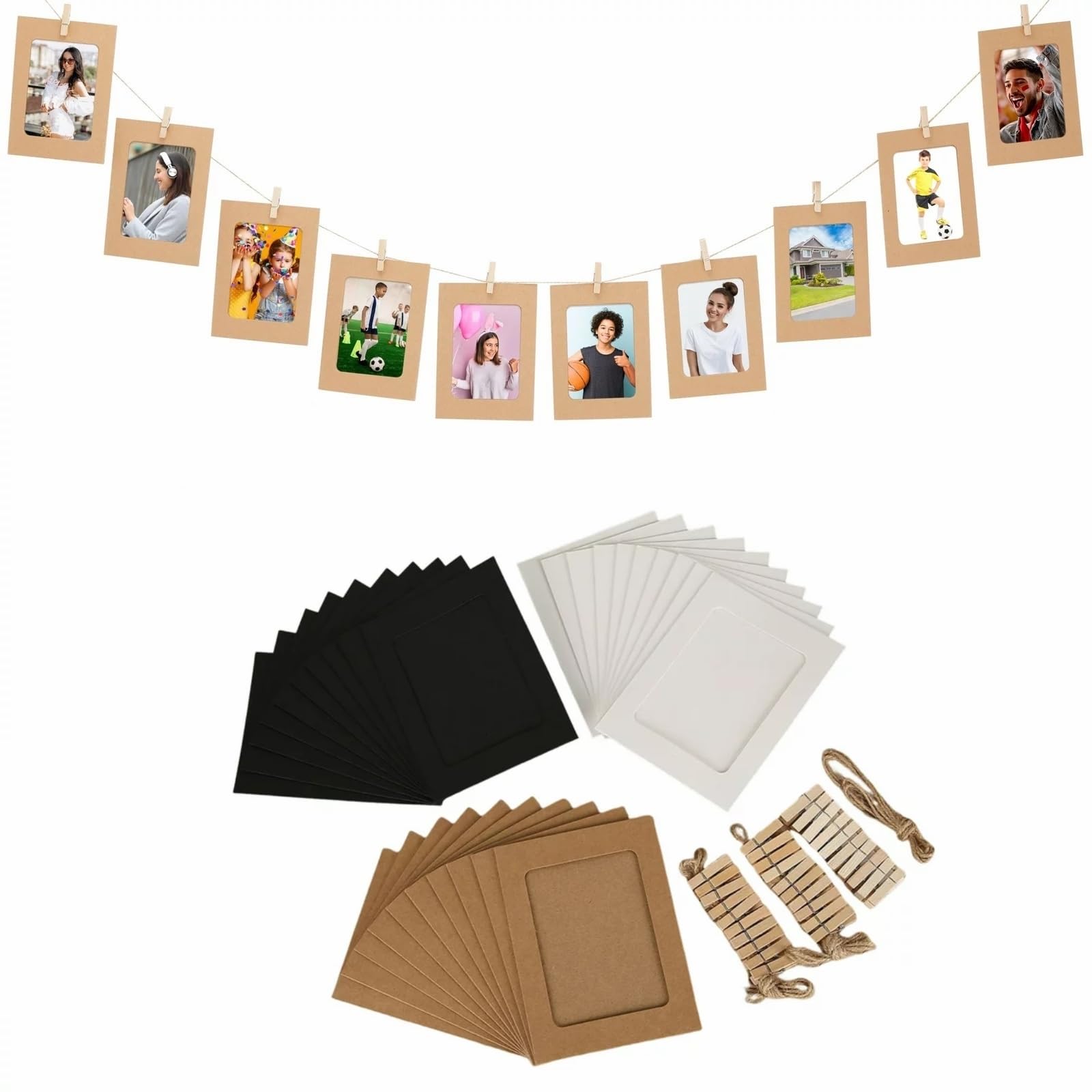 SICHER 30 Pack Cardboard Picture Frames, 4x5 Inch Photo Display Frames DIY Photo Hanging Kit with Wooden Clips and Hemp Ropes for Home Wall Decor