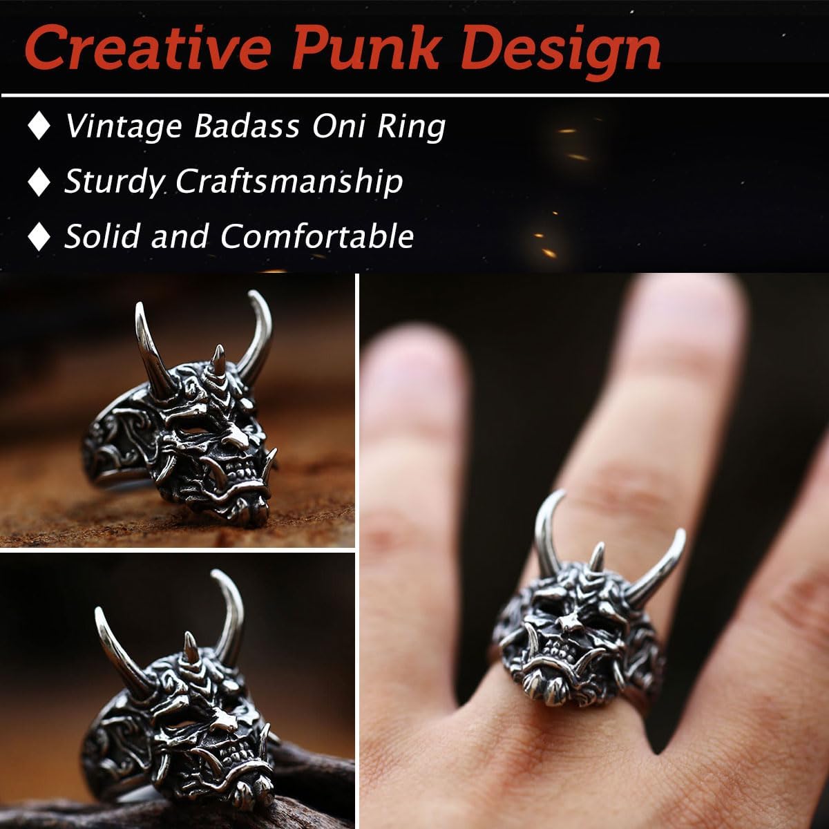 GTHIC Men’s Stainless Steel Japanese Oni Mask Skull Rings Vintage Hannya Half Mask Jewelry Size 7-13