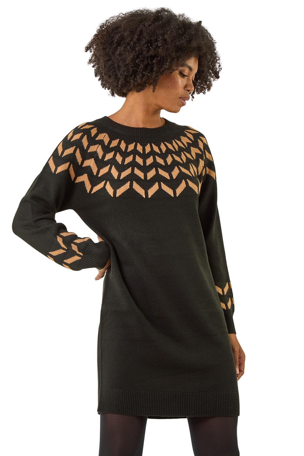 Roman Originals Women's Black Camel Roman Thick Jumper Dress For Uk Fairisle Aztec Knitted Knit Sweater Knitwear Autumn Winter Holiday Round Neck Long Sleeve Soft Knee Length Sweat Warm