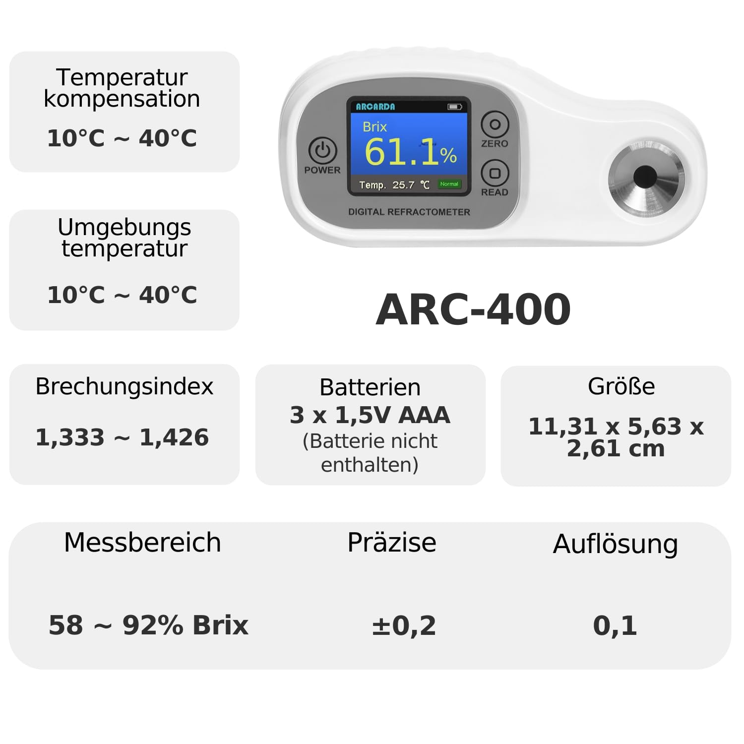 Digitales Refraktometer Brix Refraktometer Zuckergehalt Messgerät Refraktometer Zucker Tester für Früchte Laborrefraktometer ATC Brix 58–92% Brechungsindex Eiscreme Gelee Honig