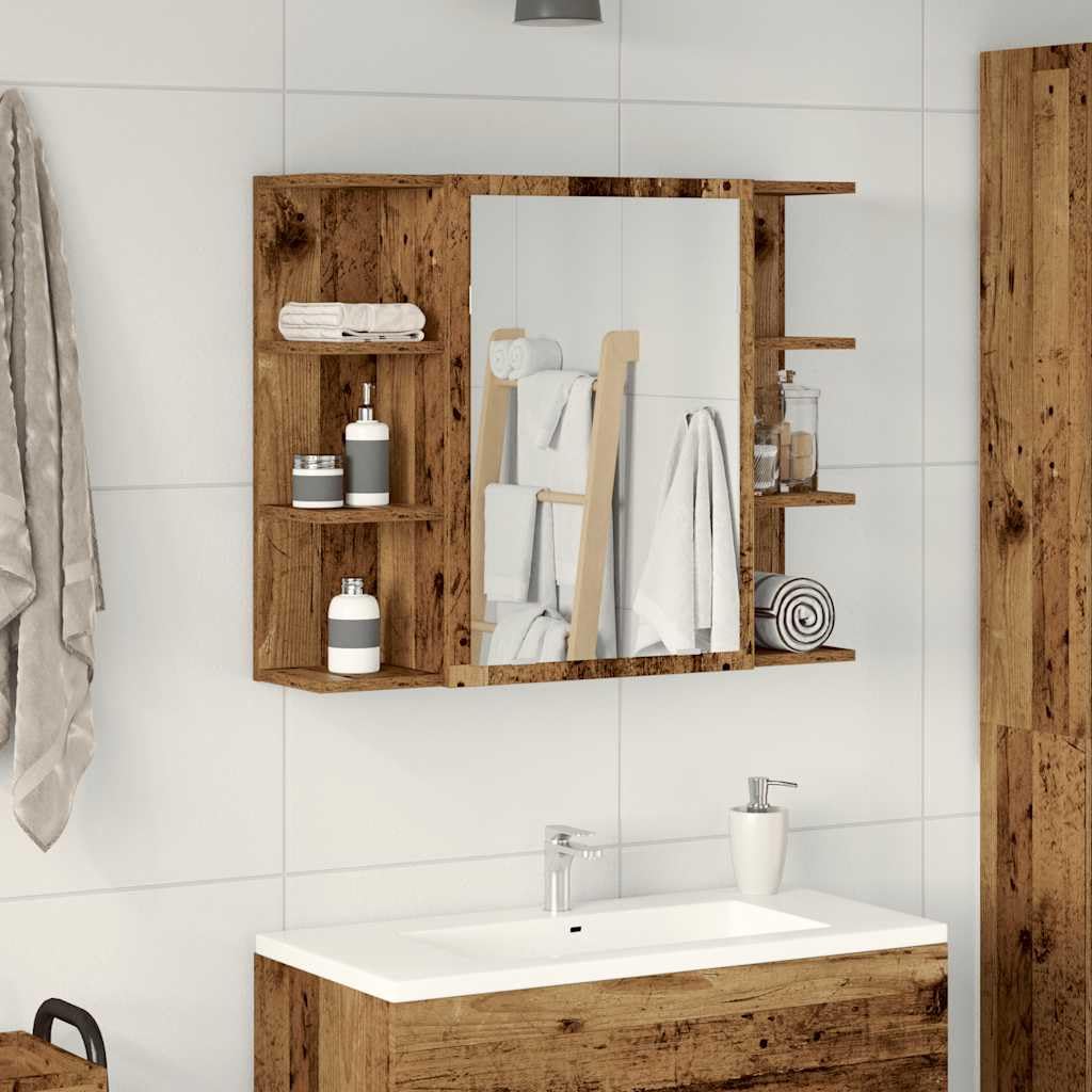 SYDE Armario de Baño con Espejo 80x20,5x64cm | Madera de Ingeniería Resistente a Humedad, 6 Estantes Abiertos, 2 Compartimentos, Diseño Moderno