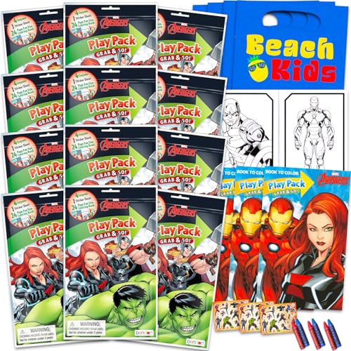 Marvel Avengers - Set di bomboniere e forniture per feste di compleanno, 12 confezioni da gioco per ragazzi, ragazze con mini libri da colorare e molto altro ancora, bomboniere Avengers per bambini