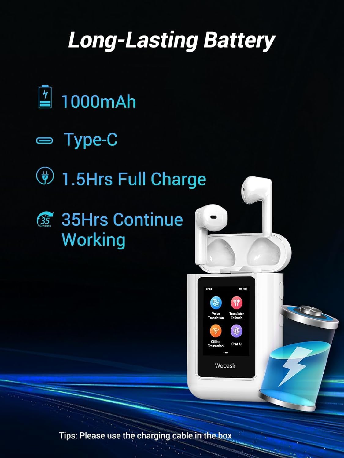 Image showing battery specifications and the Wooask A8 device.