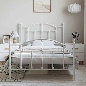 White Metal Bed Frame with Headboard and Footboard 100x190cm, 4-Piece Sturdy Steel Construction with Slats for Mattress Support and Underbed Storage Space
