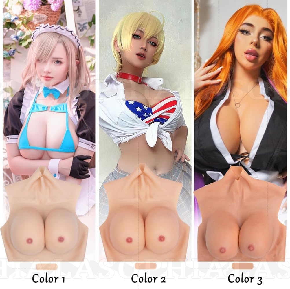 Silicone Men Whole Body Bodysuit High-Neck E Cup One Piece Fake Boobs Jumpsuit Breast Forms Breastplate for Cosplays