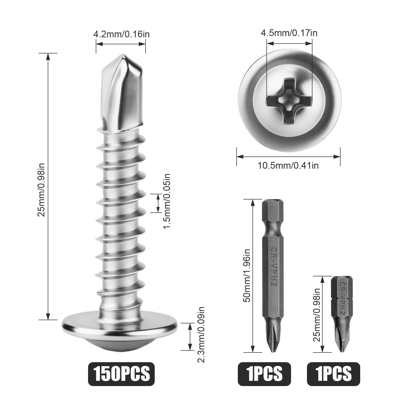 XRXYMQ 150 Pcs Self Tapping Screws M4.2 x 25 mm Self Drilling Screws for Metal Screw Stainless Steel 410 Tek Screw for Wood Plastics Aluminum Metalwork - Image 2