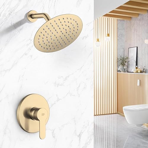 Miniatura 3 de POP SANITARYWARE Juego de grifo de ducha dorado cepillado, mezclador de lluvia, accesorio de ducha montado en la pared, sistema de cabezal de ducha