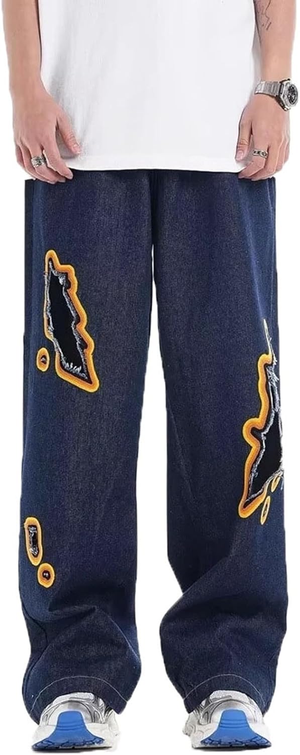 [GUREITOJP] メンズ デニムパンツ ダメージデザイン 焼き痕 ワイドパンツ オーバーサイズ カジュアル 純色 ロング ボト