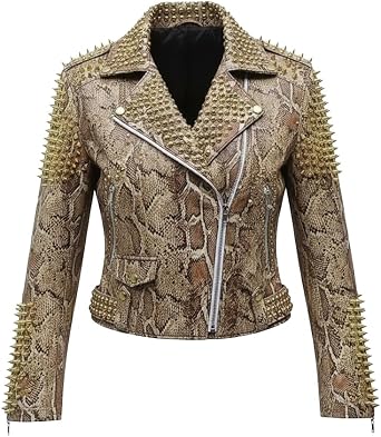 Womens Studded Leather Spiked Biker Moto Jacket Python Snakeskin Pattern Punk Rock Gothic Motorcycle Jacket