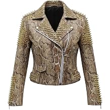 Womens Studded Leather Spiked Biker Moto Jacket Python Snakeskin Pattern Punk Rock Gothic Motorcycle Jacket