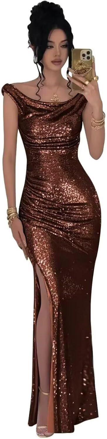 Sparkly Sequin Prom Dresses Off Shoulder Pleated Formal Dress for Women Mermaid Evening Gowns with Split 2026