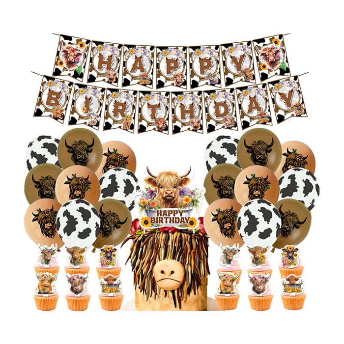 Birthday Decoration Highland Cattle Balloons Birthday Highland Cow Banners for Birthday Party Cattle Cake Toppers