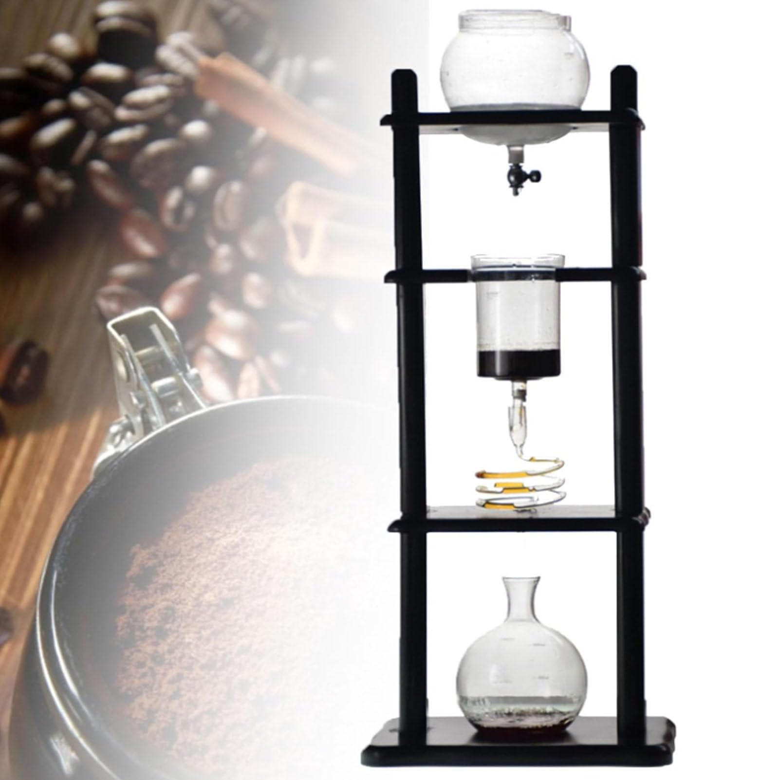 Hydravex Cold Brew Drip Tower Iced Coffee Maker Vertical Glass Container and Wood Stand 5-8 Cups, Large Capacity Cold Brew Coffee Maker for Commercial Office