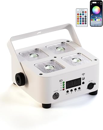 Wireless Rechargeable Stage Lights, 5200mAh Par Lights, 40W RGBW+UV Uplight, Controllable via APP, Remote Control, and Wireless DMX; Suitable for Weddings, Events, DJ Shows, and Stage Lighting.White