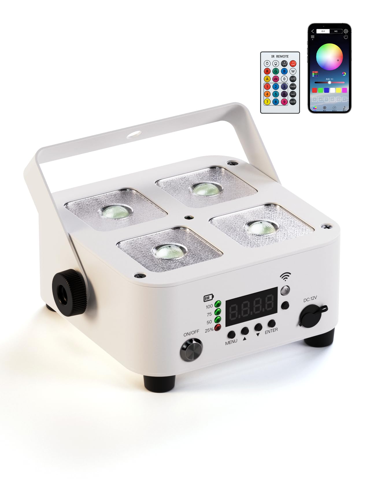 4x10W RGBWA+UV LED PAR Strahler mit Akku, 5200mah Wiederaufladbare Partybeleuchtung mit Fernbedienung, APP, RI, Wireless DMX für DJ Shows, Bühne, Hochzeiten, Party，Disco und Außenbereich.(Weiß)