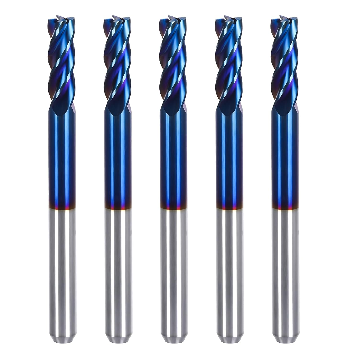 Carbide End Mill Set, 5pcs CNC Router Bits Square End Mills with Coating Router Bit for Aluminum, Alloy Steels, Hardened Steel, Copper Milling Cutting (1/4" CD x 1/4" SHK x 3/4" CL x 2-1/2" OAL)