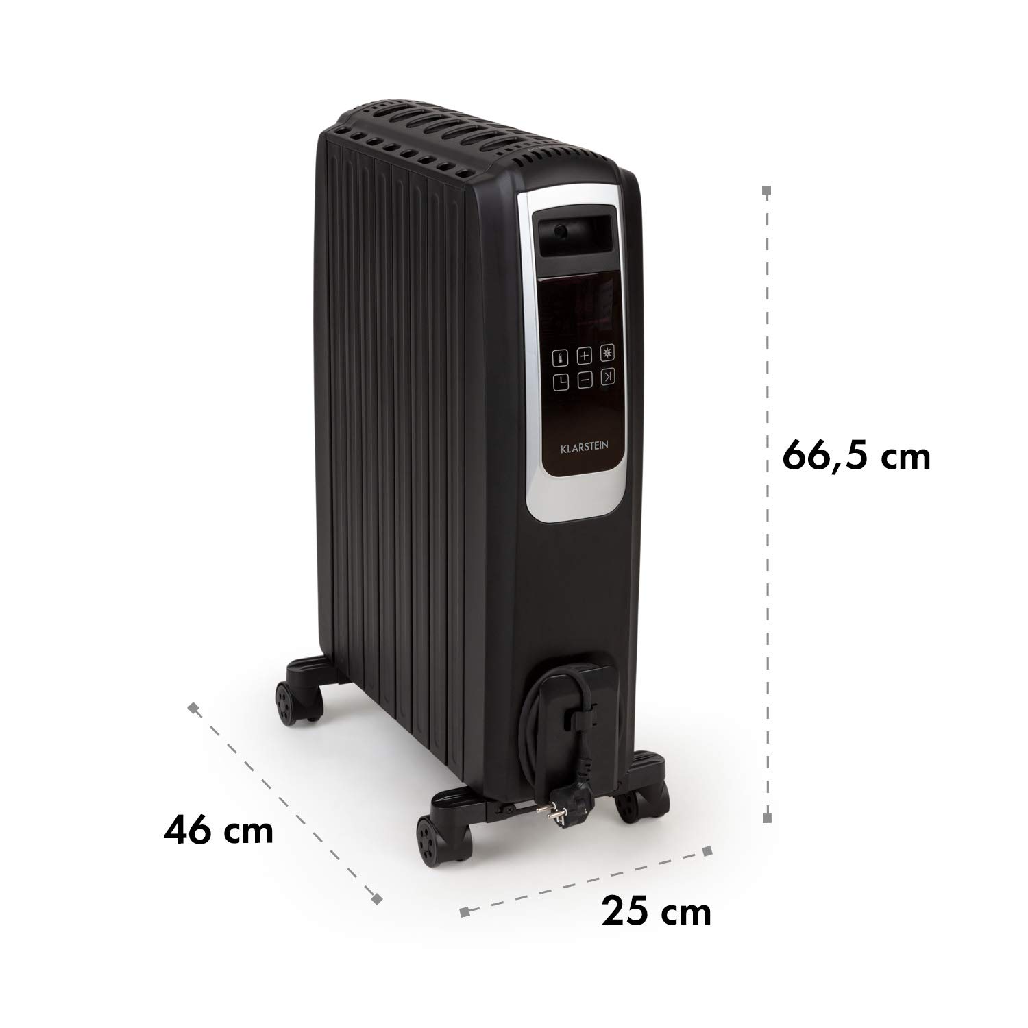 Klarstein Thermaxx Noir - Radiador de aceite de 2500W de potencia, 3 niveles, rango de temperatura: 10 – 30°C, temporizador 24h, función de encendido/apagado, tubo de calefacción doble U, negro